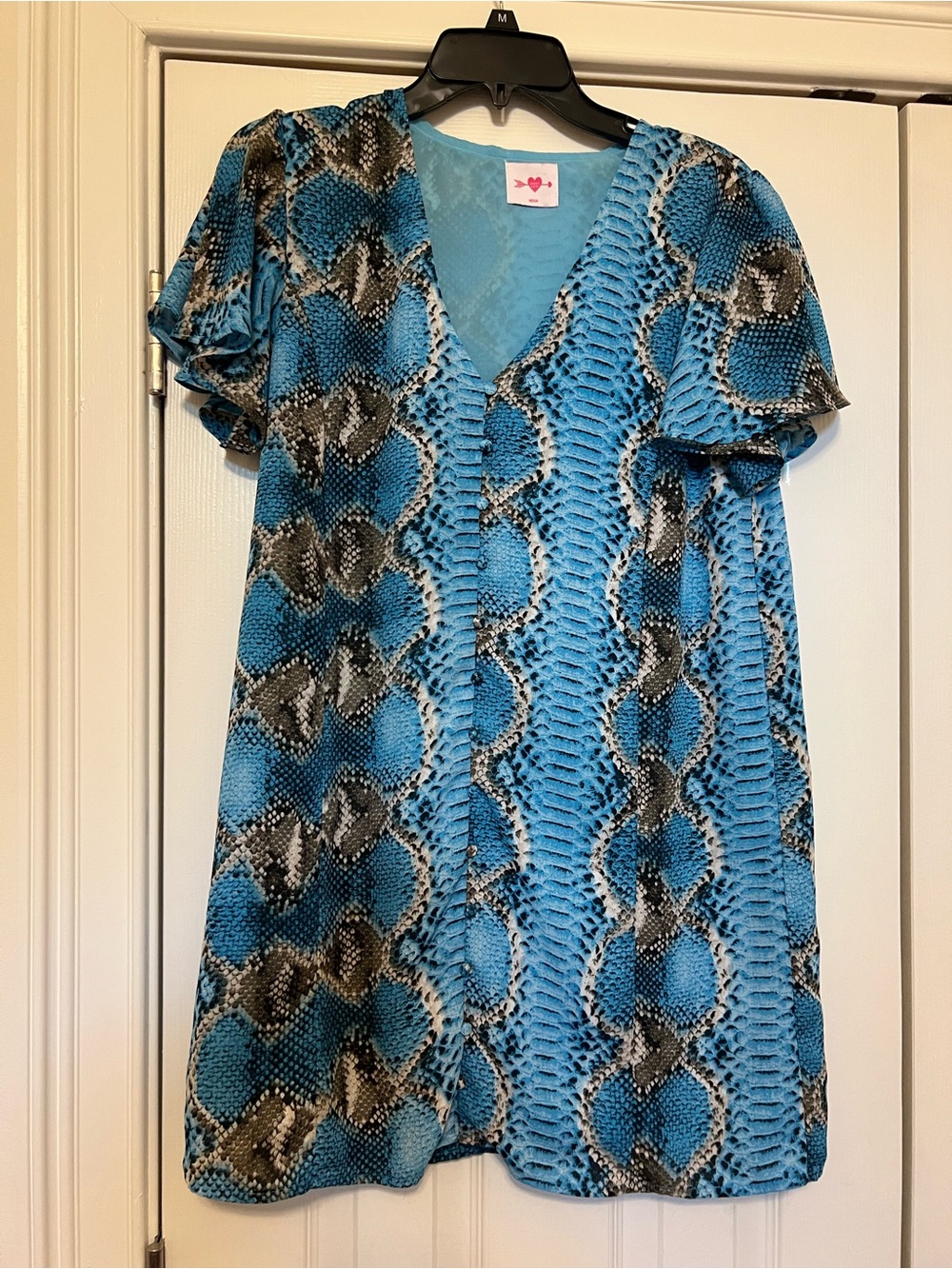 Buddy Love Blue Snake-Print Mini Dress with Flutter Sleeves size S, whimsigoth